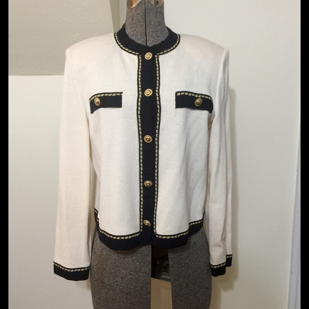 St John cream and black knit jacket w/ gold detail